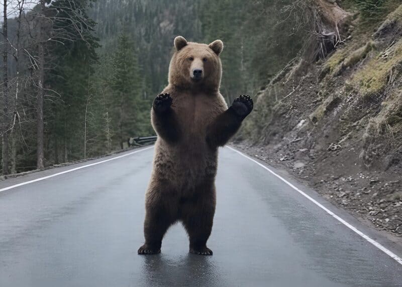 Мы ехали по трассе, когда на дорогу внезапно выскочил огромный медведь и начал медленно двигаться в сторону нашей машины:  В ужасе мы были уверены, что зверь собирается напасть, пока не произошло нечто неожиданное…