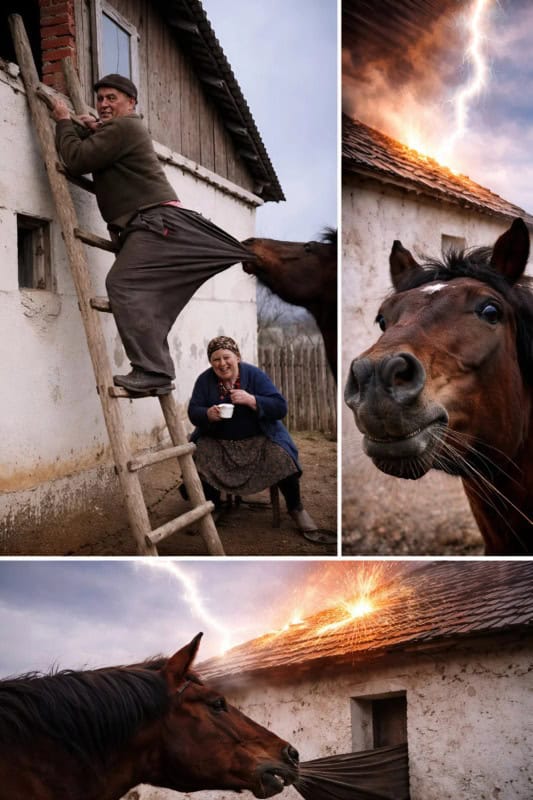 Старик поднялся по лестнице, чтобы убрать с крыши сухие ветки, но в этот самый момент конь вдруг ухватил зубами край его штанов и резко потянул вниз