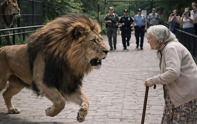 Лев сбежал из зоопарка и, заметив старушку в парке, остановился рядом с ней; Снайперы уже держали его на прицеле, но именно в этот момент произошло нечто неожиданное