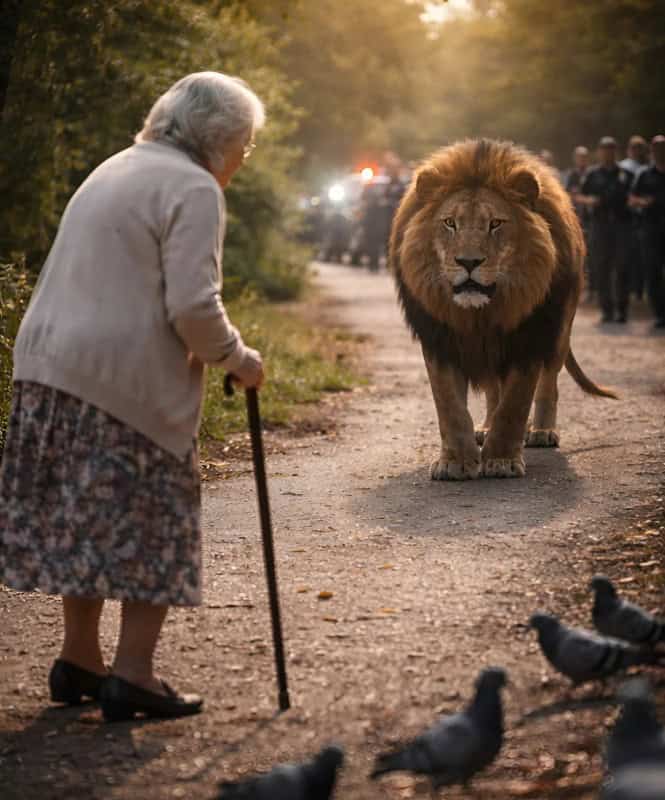 Лев сбежал из зоопарка и, заметив старушку в парке, остановился рядом с ней; Снайперы уже держали его на прицеле, но именно в этот момент произошло нечто неожиданное