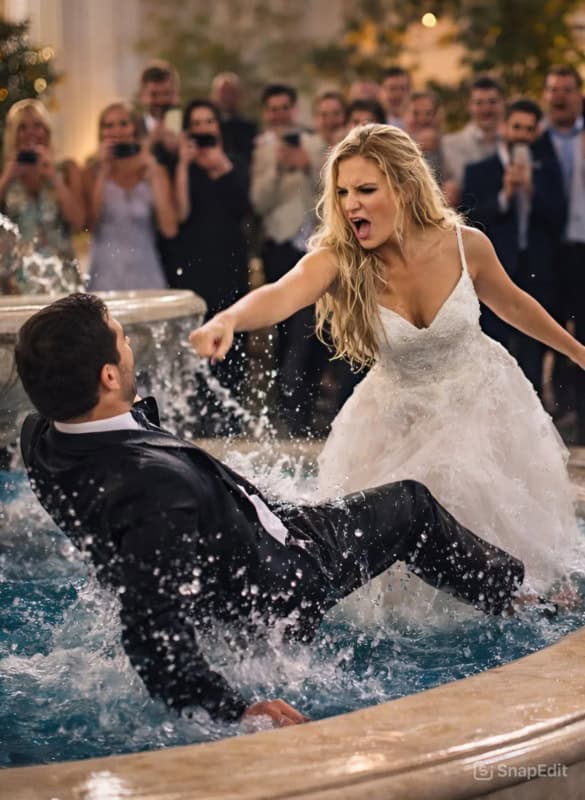 Во время свадьбы жених специально бросил невесту в фонтан, твердя, что это всего лишь шутка; Гости смеялись и снимали происходящее на телефон, а невеста плакала, но в этот момент случилось то, от чего все были в шоке