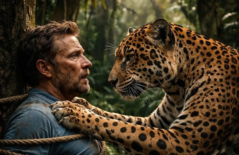 Ягуар нашёл мужчину, которого браконьеры привязали к дереву в самой глубине джунглей и оставили одного: но то, что сделал хищник, повергло его в настоящий шок
